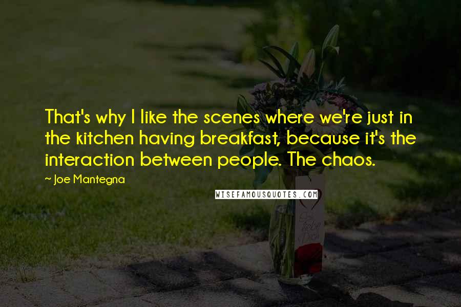 Joe Mantegna Quotes: That's why I like the scenes where we're just in the kitchen having breakfast, because it's the interaction between people. The chaos.