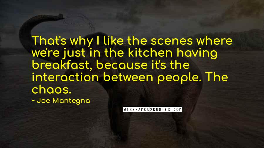 Joe Mantegna Quotes: That's why I like the scenes where we're just in the kitchen having breakfast, because it's the interaction between people. The chaos.