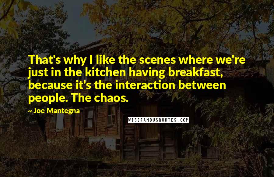 Joe Mantegna Quotes: That's why I like the scenes where we're just in the kitchen having breakfast, because it's the interaction between people. The chaos.
