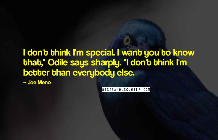 Joe Meno Quotes: I don't think I'm special. I want you to know that," Odile says sharply. "I don't think I'm better than everybody else.