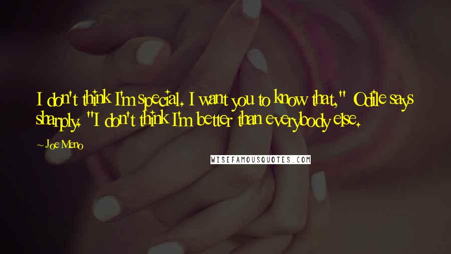 Joe Meno Quotes: I don't think I'm special. I want you to know that," Odile says sharply. "I don't think I'm better than everybody else.
