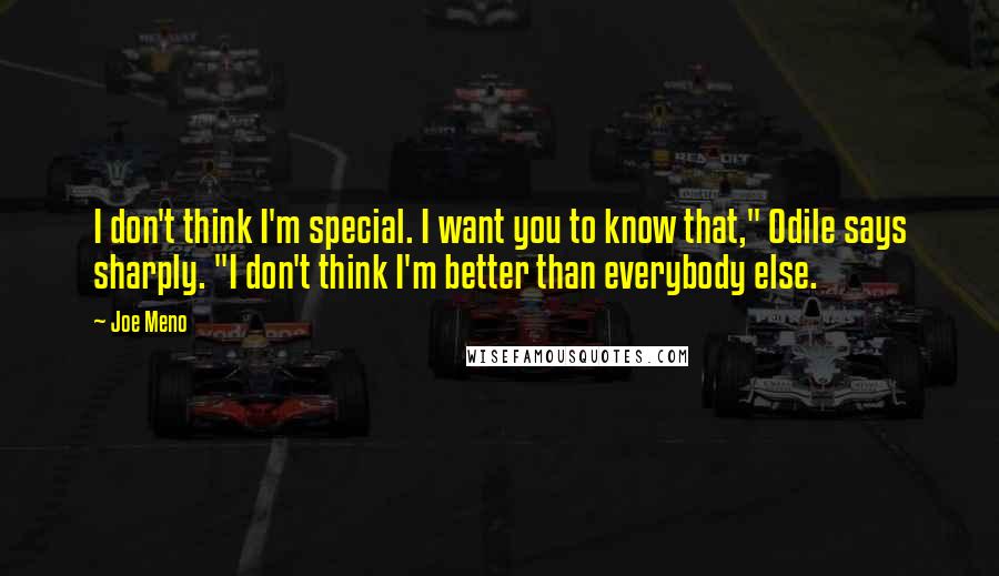 Joe Meno Quotes: I don't think I'm special. I want you to know that," Odile says sharply. "I don't think I'm better than everybody else.