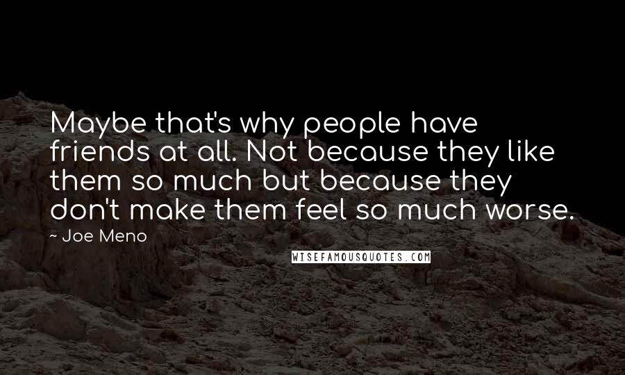 Joe Meno Quotes: Maybe that's why people have friends at all. Not because they like them so much but because they don't make them feel so much worse.