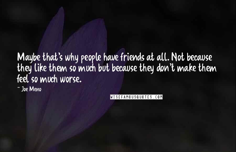 Joe Meno Quotes: Maybe that's why people have friends at all. Not because they like them so much but because they don't make them feel so much worse.