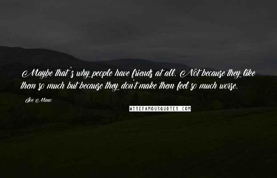 Joe Meno Quotes: Maybe that's why people have friends at all. Not because they like them so much but because they don't make them feel so much worse.