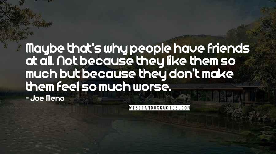 Joe Meno Quotes: Maybe that's why people have friends at all. Not because they like them so much but because they don't make them feel so much worse.