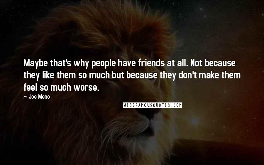 Joe Meno Quotes: Maybe that's why people have friends at all. Not because they like them so much but because they don't make them feel so much worse.