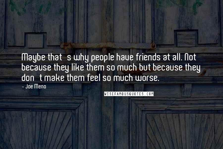 Joe Meno Quotes: Maybe that's why people have friends at all. Not because they like them so much but because they don't make them feel so much worse.