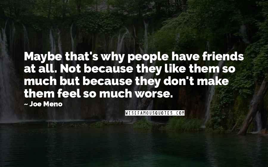 Joe Meno Quotes: Maybe that's why people have friends at all. Not because they like them so much but because they don't make them feel so much worse.