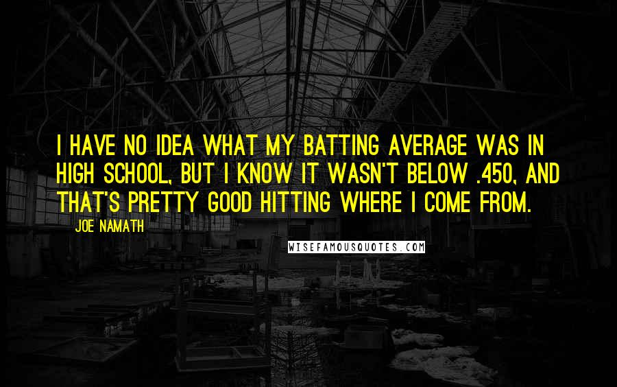 Joe Namath Quotes: I have no idea what my batting average was in high school, but I know it wasn't below .450, and that's pretty good hitting where I come from.