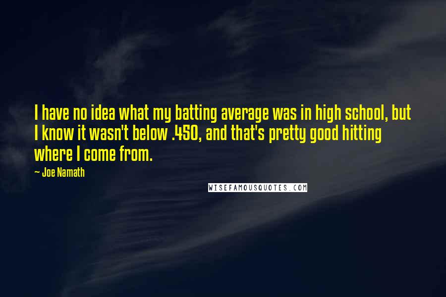Joe Namath Quotes: I have no idea what my batting average was in high school, but I know it wasn't below .450, and that's pretty good hitting where I come from.