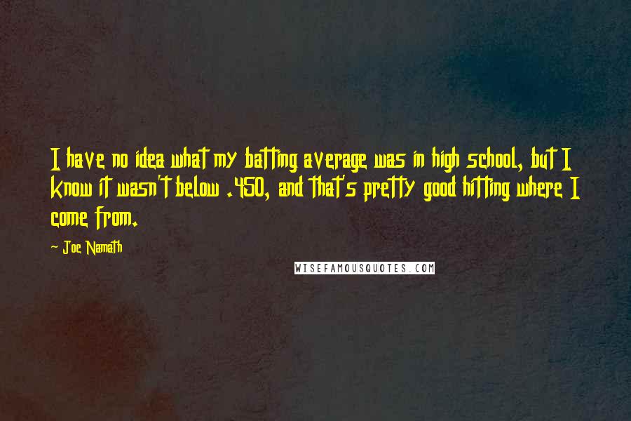 Joe Namath Quotes: I have no idea what my batting average was in high school, but I know it wasn't below .450, and that's pretty good hitting where I come from.