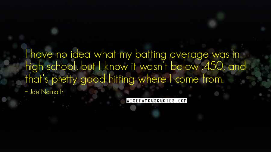 Joe Namath Quotes: I have no idea what my batting average was in high school, but I know it wasn't below .450, and that's pretty good hitting where I come from.