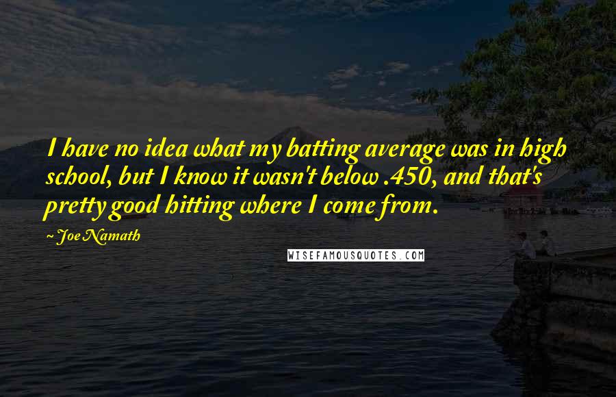 Joe Namath Quotes: I have no idea what my batting average was in high school, but I know it wasn't below .450, and that's pretty good hitting where I come from.