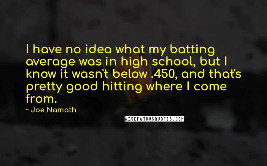 Joe Namath Quotes: I have no idea what my batting average was in high school, but I know it wasn't below .450, and that's pretty good hitting where I come from.