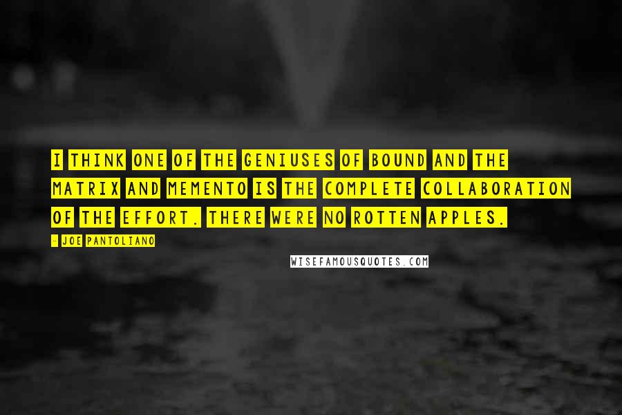Joe Pantoliano Quotes: I think one of the geniuses of Bound and The Matrix and Memento is the complete collaboration of the effort. There were no rotten apples.