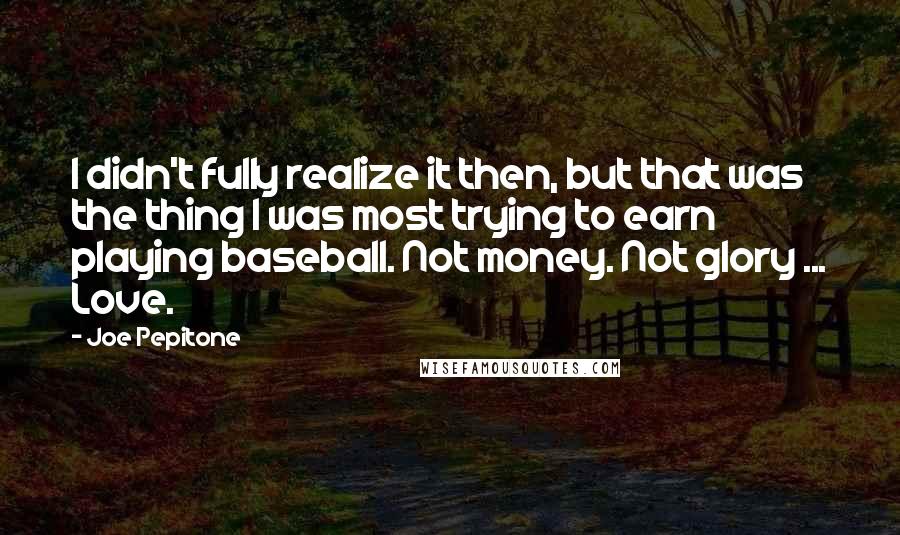 Joe Pepitone Quotes: I didn't fully realize it then, but that was the thing I was most trying to earn playing baseball. Not money. Not glory ... Love.