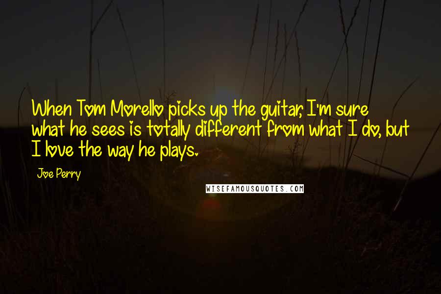 Joe Perry Quotes: When Tom Morello picks up the guitar, I'm sure what he sees is totally different from what I do, but I love the way he plays.