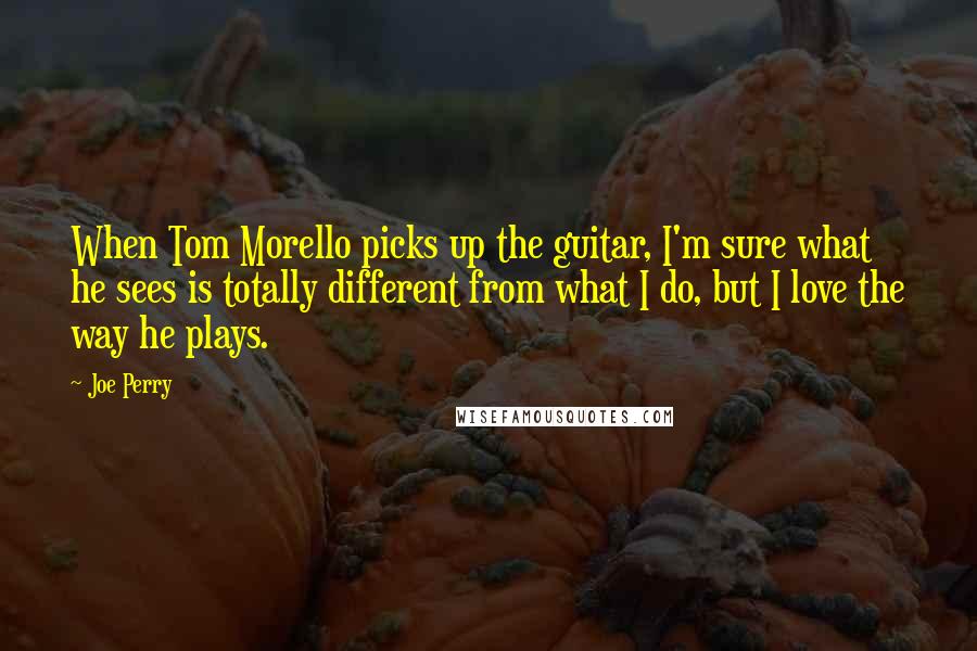 Joe Perry Quotes: When Tom Morello picks up the guitar, I'm sure what he sees is totally different from what I do, but I love the way he plays.