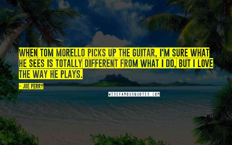 Joe Perry Quotes: When Tom Morello picks up the guitar, I'm sure what he sees is totally different from what I do, but I love the way he plays.