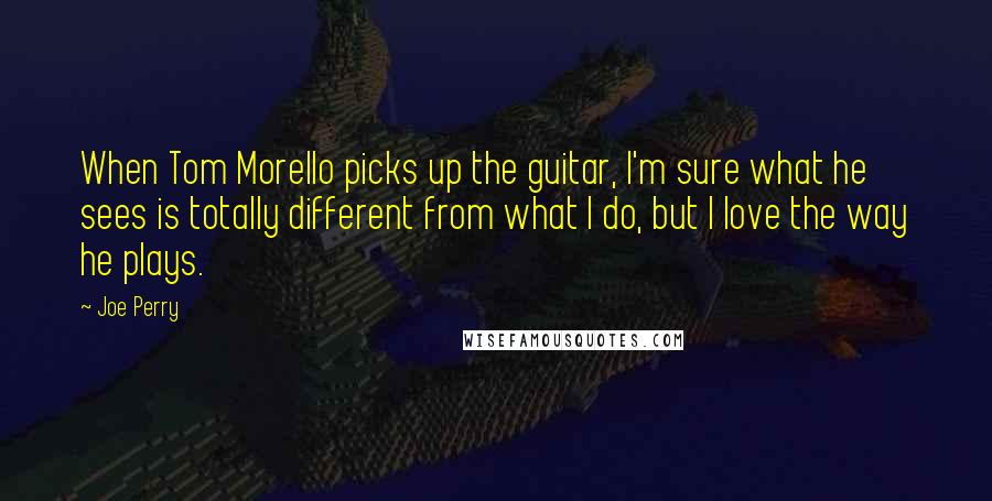 Joe Perry Quotes: When Tom Morello picks up the guitar, I'm sure what he sees is totally different from what I do, but I love the way he plays.