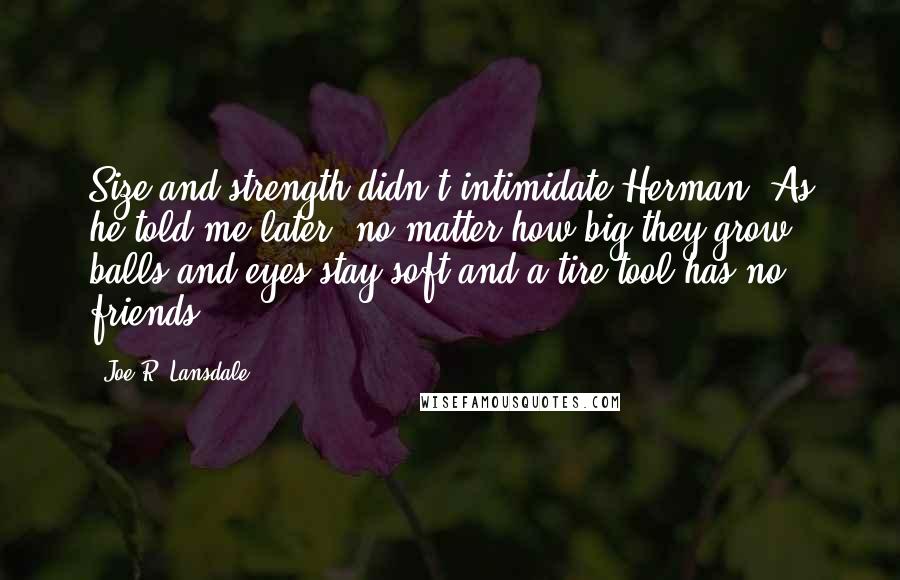 Joe R. Lansdale Quotes: Size and strength didn't intimidate Herman. As he told me later, no matter how big they grow, balls and eyes stay soft and a tire tool has no friends.