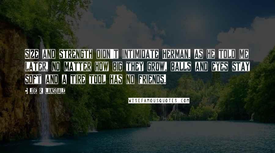 Joe R. Lansdale Quotes: Size and strength didn't intimidate Herman. As he told me later, no matter how big they grow, balls and eyes stay soft and a tire tool has no friends.