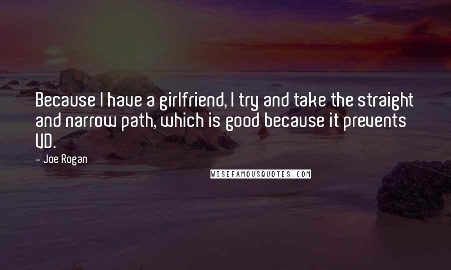 Joe Rogan Quotes: Because I have a girlfriend, I try and take the straight and narrow path, which is good because it prevents VD.