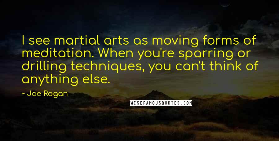 Joe Rogan Quotes: I see martial arts as moving forms of meditation. When you're sparring or drilling techniques, you can't think of anything else.