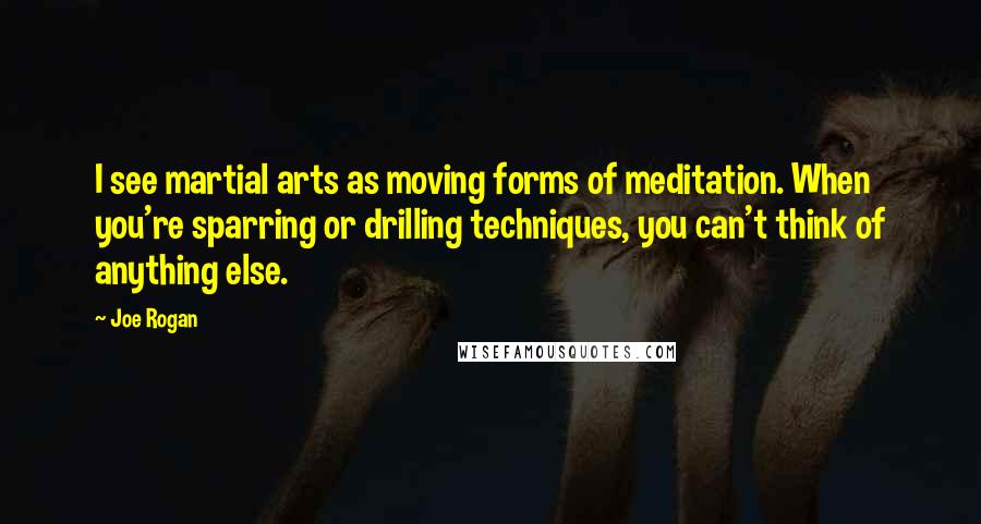 Joe Rogan Quotes: I see martial arts as moving forms of meditation. When you're sparring or drilling techniques, you can't think of anything else.