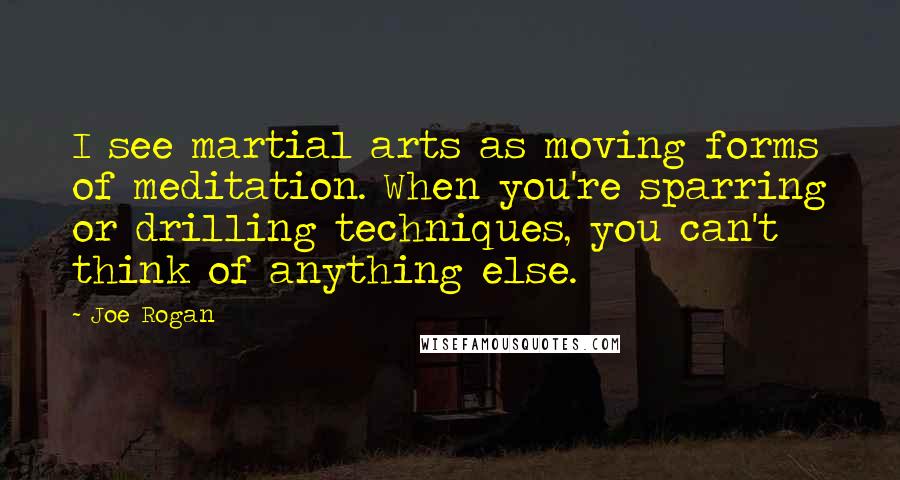 Joe Rogan Quotes: I see martial arts as moving forms of meditation. When you're sparring or drilling techniques, you can't think of anything else.