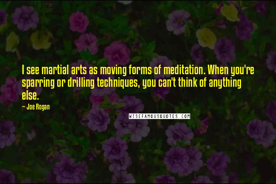 Joe Rogan Quotes: I see martial arts as moving forms of meditation. When you're sparring or drilling techniques, you can't think of anything else.