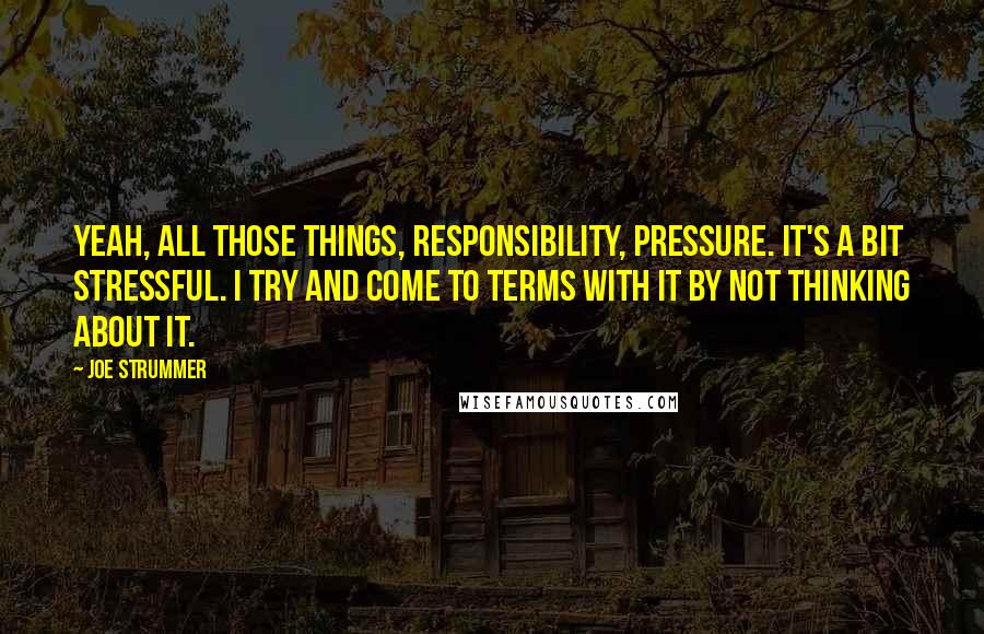 Joe Strummer Quotes: Yeah, all those things, responsibility, pressure. It's a bit stressful. I try and come to terms with it by not thinking about it.