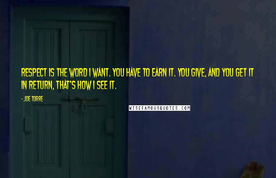 Joe Torre Quotes: Respect is the word I want. You have to earn it. You give, and you get it in return, that's how I see it.