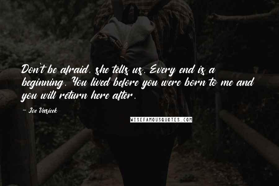 Joe Vasicek Quotes: Don't be afraid, she tells us. Every end is a beginning. You lived before you were born to me and you will return here after.