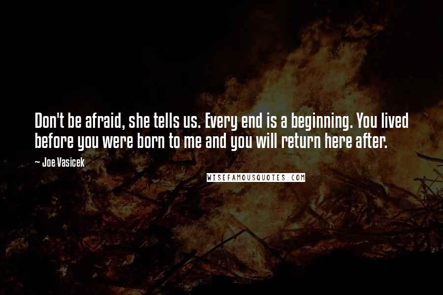 Joe Vasicek Quotes: Don't be afraid, she tells us. Every end is a beginning. You lived before you were born to me and you will return here after.