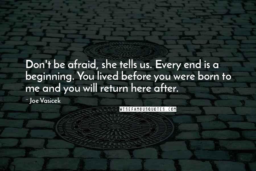 Joe Vasicek Quotes: Don't be afraid, she tells us. Every end is a beginning. You lived before you were born to me and you will return here after.