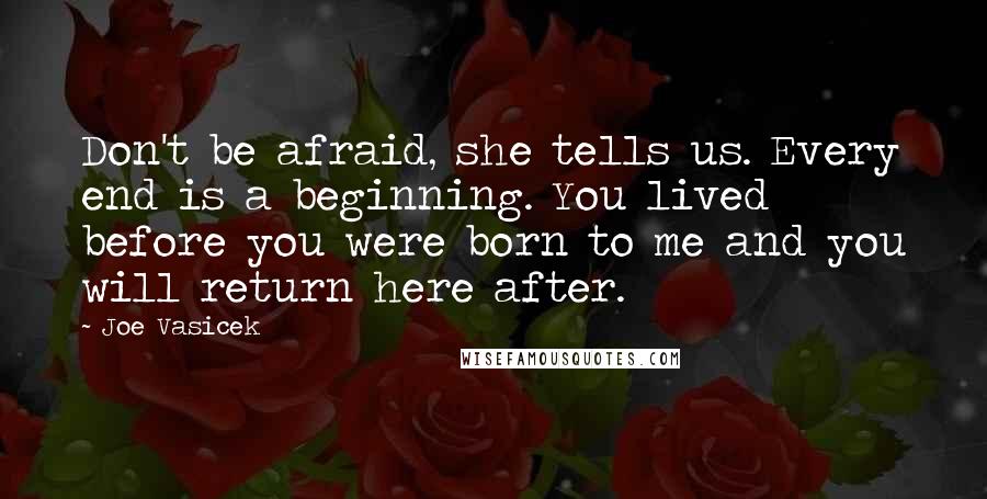 Joe Vasicek Quotes: Don't be afraid, she tells us. Every end is a beginning. You lived before you were born to me and you will return here after.