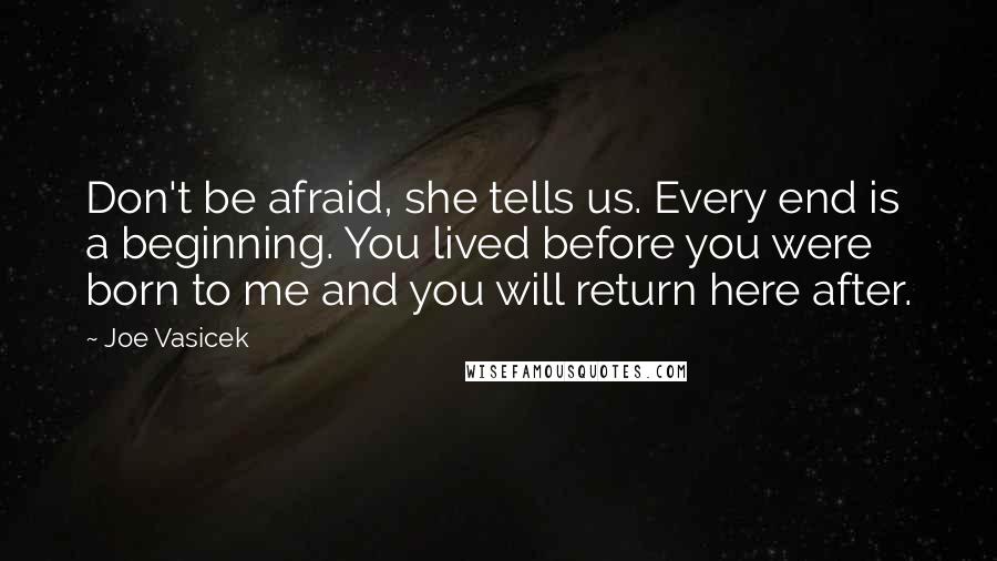 Joe Vasicek Quotes: Don't be afraid, she tells us. Every end is a beginning. You lived before you were born to me and you will return here after.