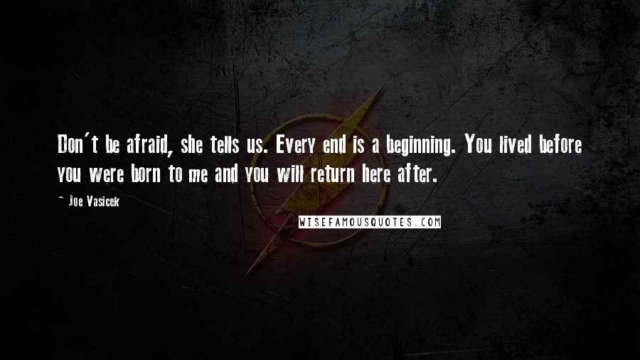 Joe Vasicek Quotes: Don't be afraid, she tells us. Every end is a beginning. You lived before you were born to me and you will return here after.