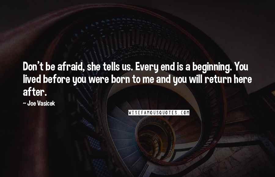 Joe Vasicek Quotes: Don't be afraid, she tells us. Every end is a beginning. You lived before you were born to me and you will return here after.