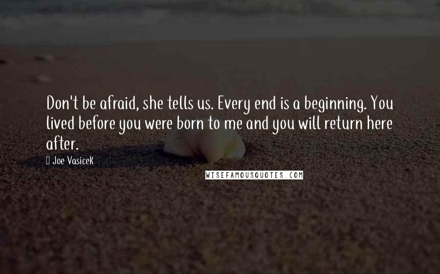 Joe Vasicek Quotes: Don't be afraid, she tells us. Every end is a beginning. You lived before you were born to me and you will return here after.