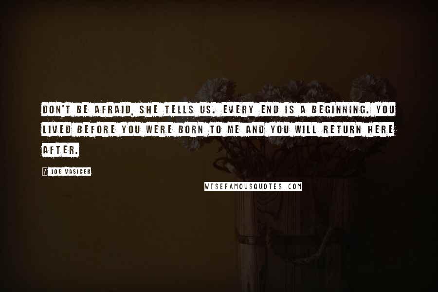 Joe Vasicek Quotes: Don't be afraid, she tells us. Every end is a beginning. You lived before you were born to me and you will return here after.