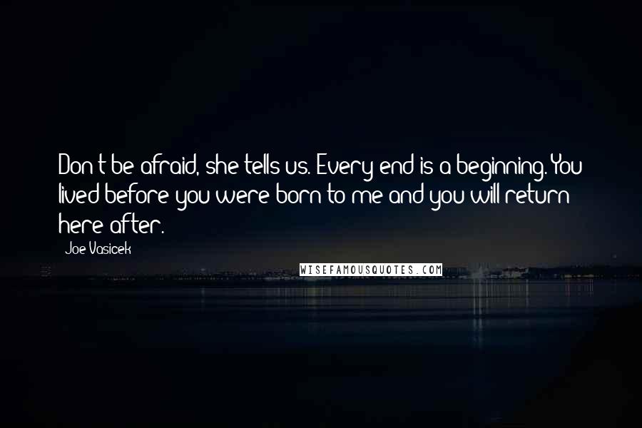 Joe Vasicek Quotes: Don't be afraid, she tells us. Every end is a beginning. You lived before you were born to me and you will return here after.