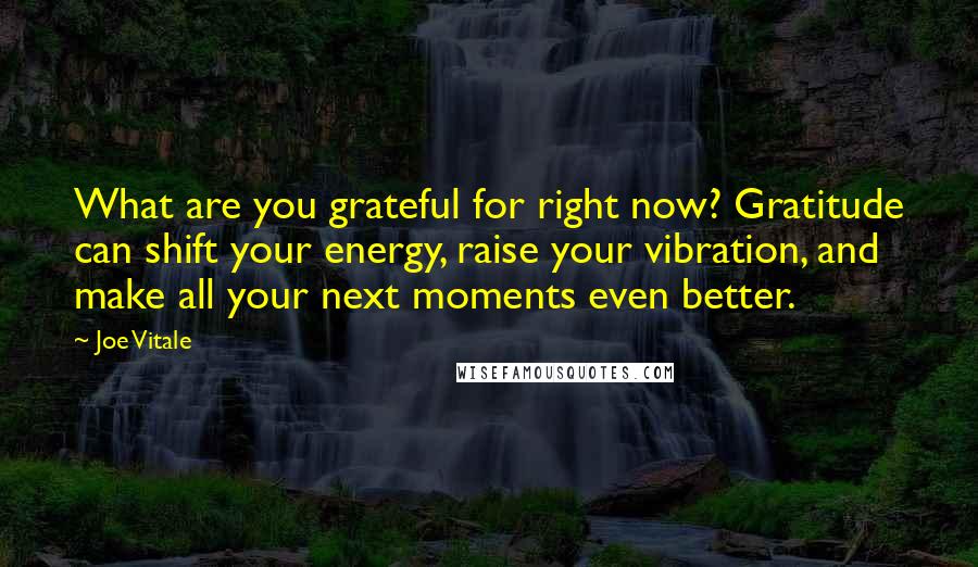 Joe Vitale Quotes: What are you grateful for right now? Gratitude can shift your energy, raise your vibration, and make all your next moments even better.