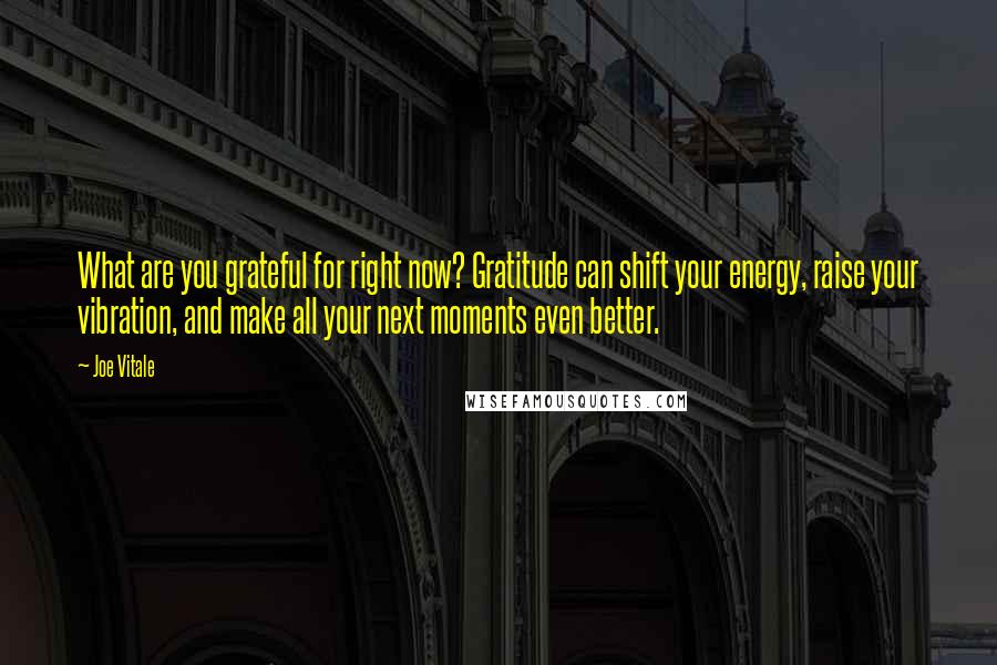 Joe Vitale Quotes: What are you grateful for right now? Gratitude can shift your energy, raise your vibration, and make all your next moments even better.