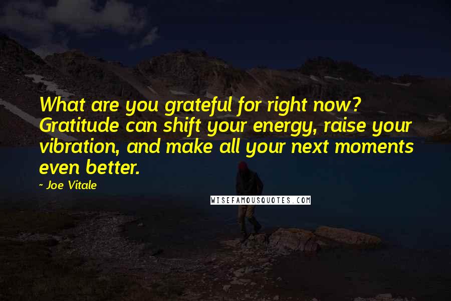 Joe Vitale Quotes: What are you grateful for right now? Gratitude can shift your energy, raise your vibration, and make all your next moments even better.