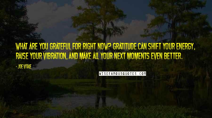 Joe Vitale Quotes: What are you grateful for right now? Gratitude can shift your energy, raise your vibration, and make all your next moments even better.