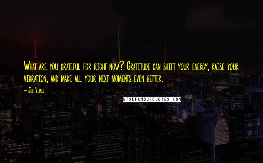 Joe Vitale Quotes: What are you grateful for right now? Gratitude can shift your energy, raise your vibration, and make all your next moments even better.