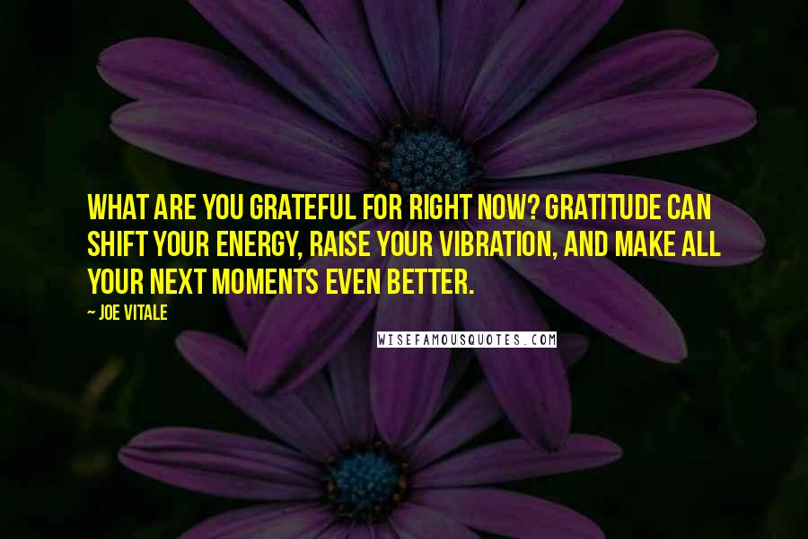 Joe Vitale Quotes: What are you grateful for right now? Gratitude can shift your energy, raise your vibration, and make all your next moments even better.